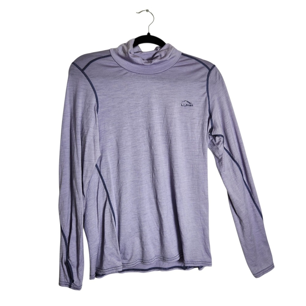 LL Bean Cresta Merino Wool Base Layer Top Purple Mock Neck Thumbholes Large